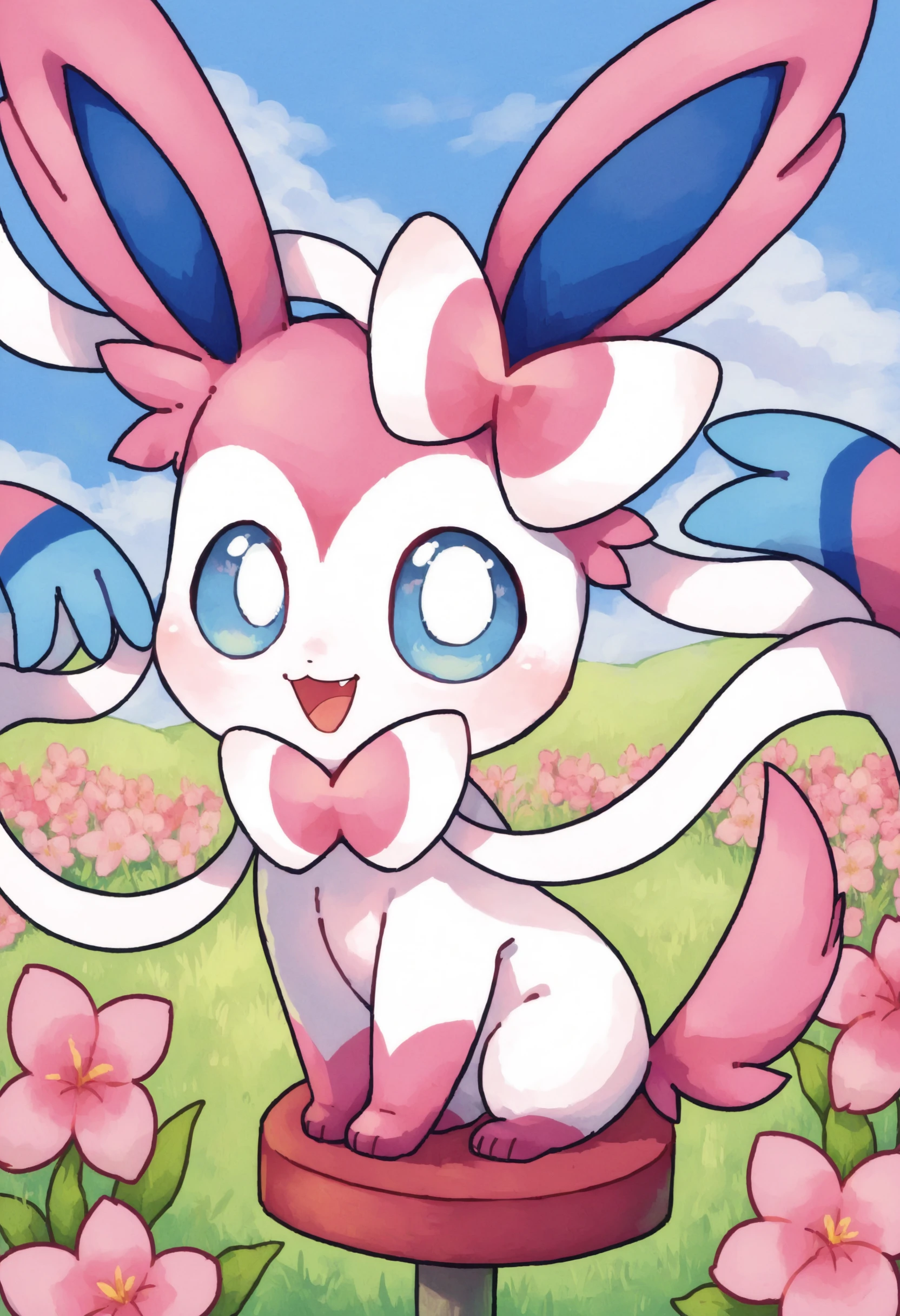 score_9, score_8_up, score_7_up, source_anime BREAK
field of flowers, grass, sunbeam, (pink flowers:1.3)
SYLV30N, white body, pink paws, pink tail, pink ears, long ears, blue inner ears, ribbon-like feelers, quadraped, light blue eyes, colored sclera, blue sclera (solo:1.4), animal focus
chibi, arms on stool, looking at viewer, head tilt, smile, happy, open mouth, blush, head on arms, upper body
sideview, from side
no humans
<lora:Sylveon:1>