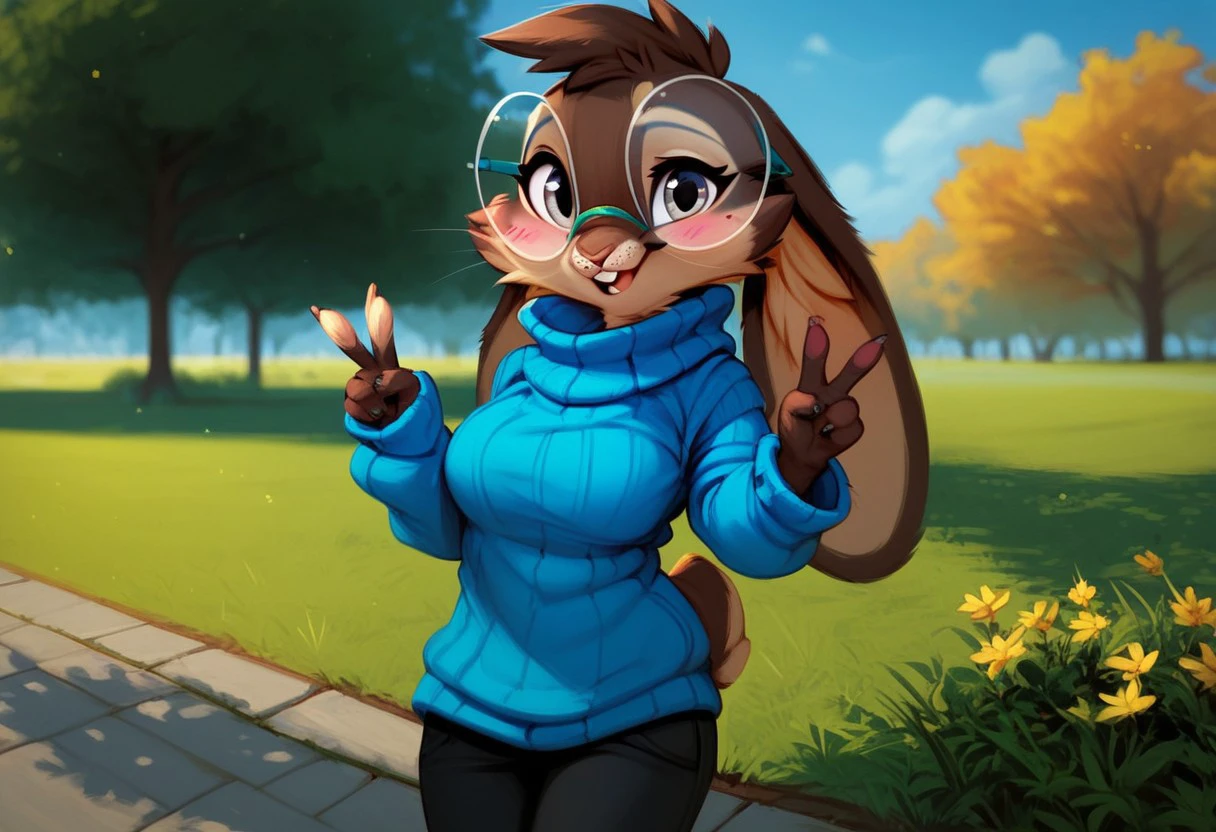 score_9, score_8_up, score_7_up, solo 1girl, solo,  Expressiveh, (Kazie, 1girl, bunny girl, bunny ears, buckteeth, round glasses, tan body, tan fur, brown body, brown fur, two tone body, two tone fur, anthro, furry, blue sweater, black pants, clothed, grey eyes), cowboy shot, smile, blushing, peace sign, grass, park, afternoon, standing, female focus, looking at viewer, detailed background, 4k, masterpiece, best quality, highly detailed, realistic