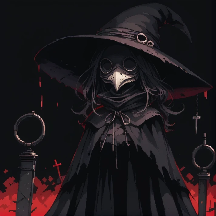 <lora:d3p1x3lXLP:1> d3p1x3l, pixel art
<lora:PlagueDoctor-000008:0.5> plague doctor, pl@gu3,mask, black eyesockets, black eyes, 
skinny black background, red outline,  1girl,hat,