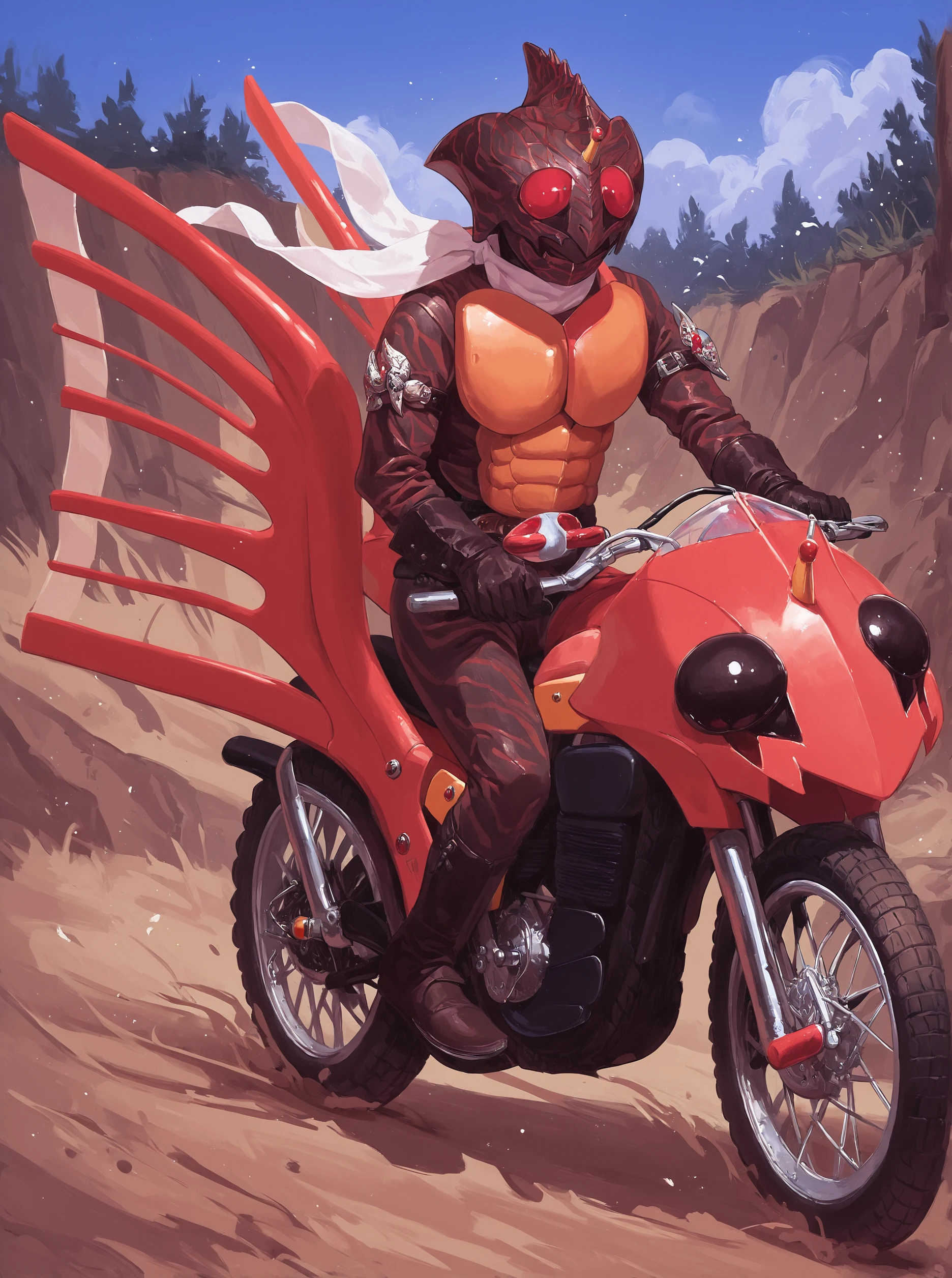 score_9, score_8_up, score_7_up, masterpiece, source_realistic, kamen rider, male focus, 1boy,  solo, red eyes, white scarf, tokusatsu, ground vehicle, motorcycle, motor vehicle, outdoor, full body,<lora:sn0wStyle:1> <lora:HKHorrorXL:1>,    <lora:Kamen_rider_amazon_1974:1>