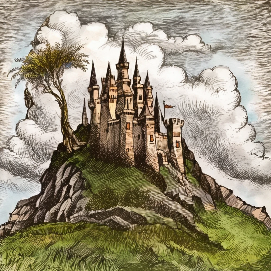 ALobelStyle illustration, castle, clouds, grass, mountains, trees <lora:ALobelStyle:1>