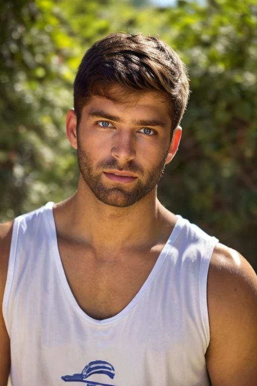 photograph of guy  face focus, upper body High resolution handsome guy, highly detailed, white tank top, (look at viewer) bokeh background, sunlight morning, sunburnt, detailed eyes,  <lora:add_detail:0.6>  <lora:bartwito:0.78> bartwito (blued-eyes) (full beard), (masterpiece,best quality:1.5)