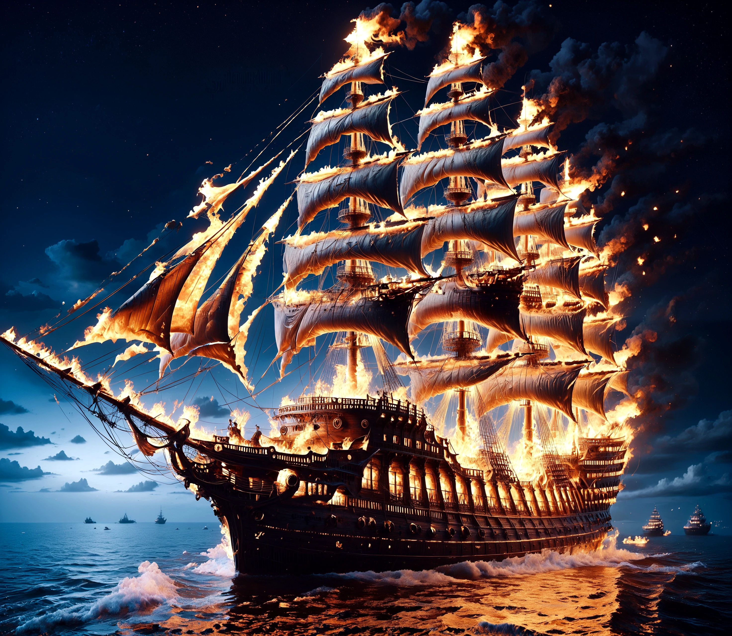 score_9, score_8_up, score_7_up,

f1r3, a historic pirate sailing ship is made entirely of fire, 

clouds, night, 