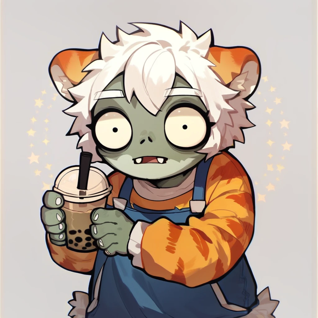 score_9, score_8_up, score_7_up, score_6_up, mikus-zombie green eyes, black dot eyes, milkytiger, tiger ears, tiger tail, holding, bubble tea, white hair, cute,