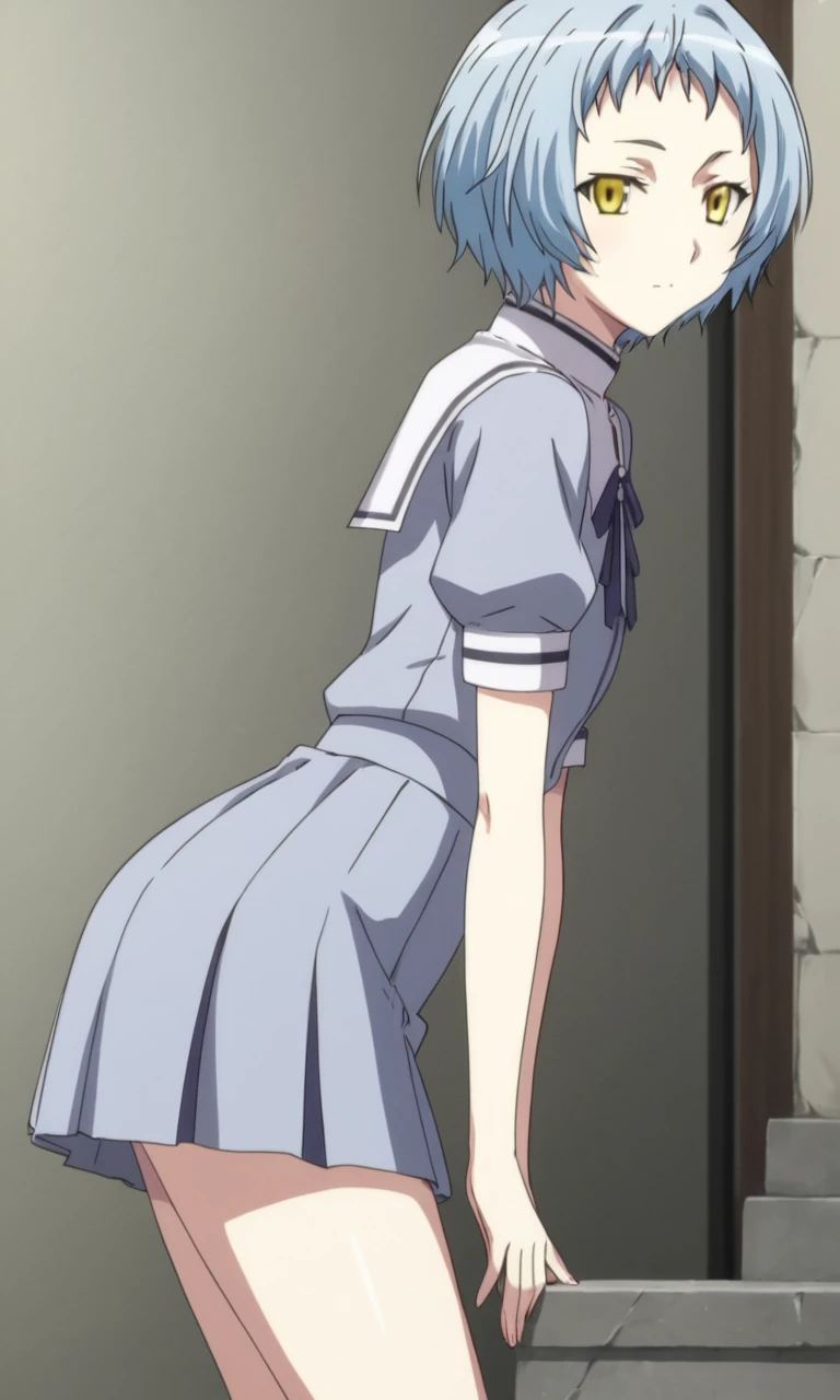 score_9, score_8_up, score_7_up, 1girl, solo,Natsuru, blue hair,blue neckerchief, school uniform, serafuku, thighhighs, nervous, blushing standing, hands on ass, looking at you, school hallway, white walls, from behind