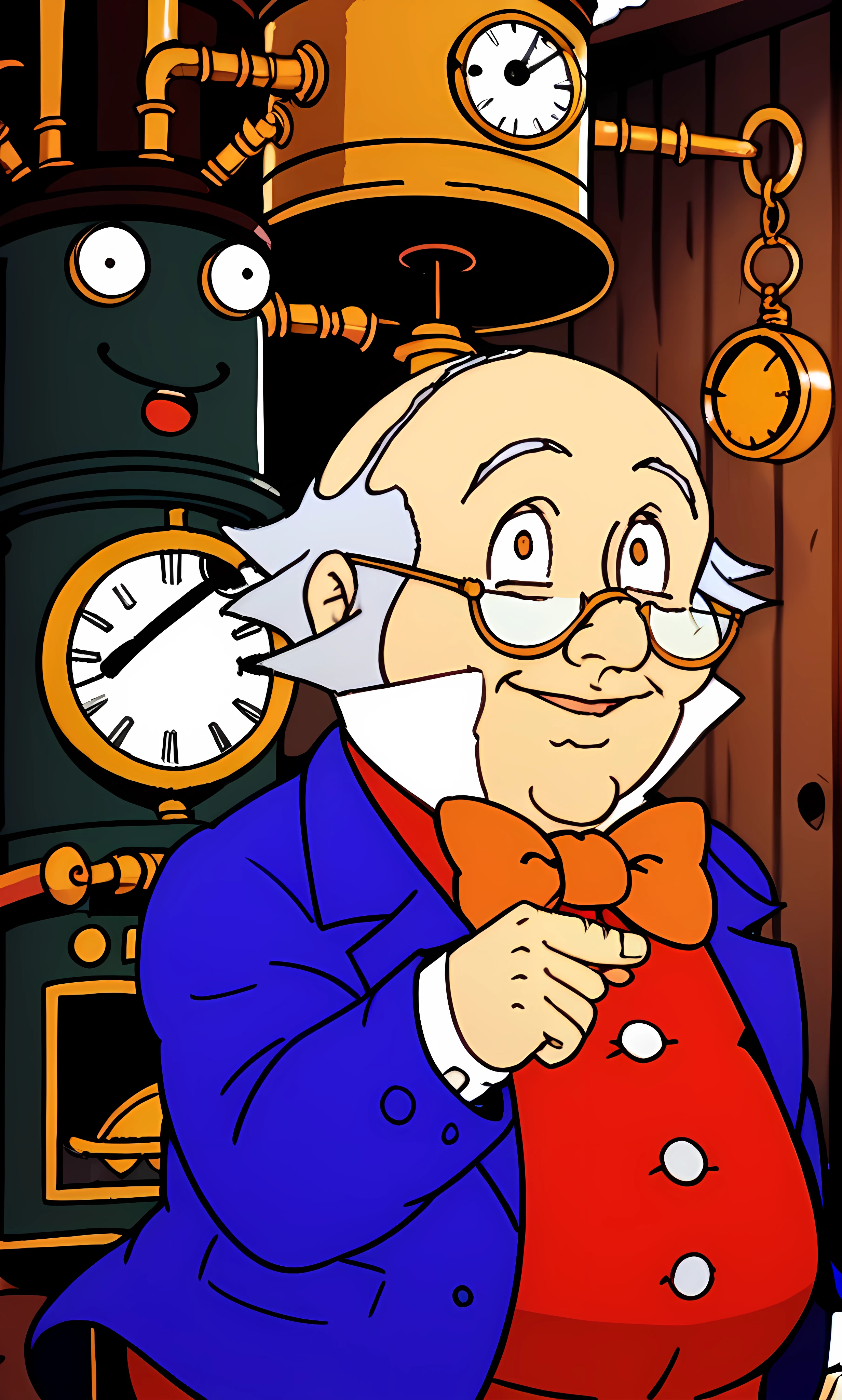 ghibli,score_8_up, score_7_up, source_manga, rating_questionable,  DrSnu99l3s, elderly male, solo, plump, grey hair, balding, glasses, smile expression, bowtie, red vest, blue jacket with white collar, upper body, pointing, standing next to a steampunk machine, robot face, pareidolia, in a shed, invention, trippy <lora:Dr_Snuggles_-_TV_show_1979_-_Pony:1.0>,  <lora:Ghibli2XLP:0.0>