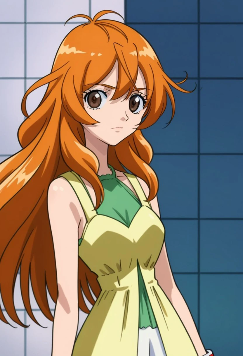 score 9, score 8 up, score 7 up, masterpiece_portrait, high quality, anime coloring, bakugan, alice gehabich, 1girl, solo, long hair, orange hair, upper body, brown eyes, looking at viewer, bare shoulders, sleeveless, dress