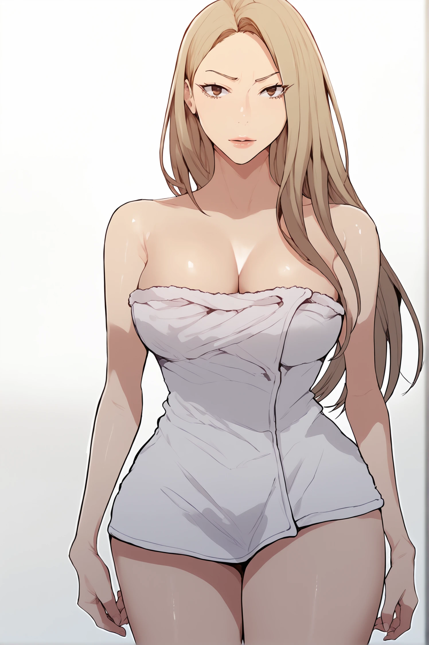 <lora:XL_MiaCha_SC:1> miachadef, blonde hair, brown eyes, long hair, looking at viewer, white background, simple background, 
naked towel, towel, cleavage, standing, thighs, looking at viewer, score_9,score_8_up,score_7_up, detailed face, source_anime