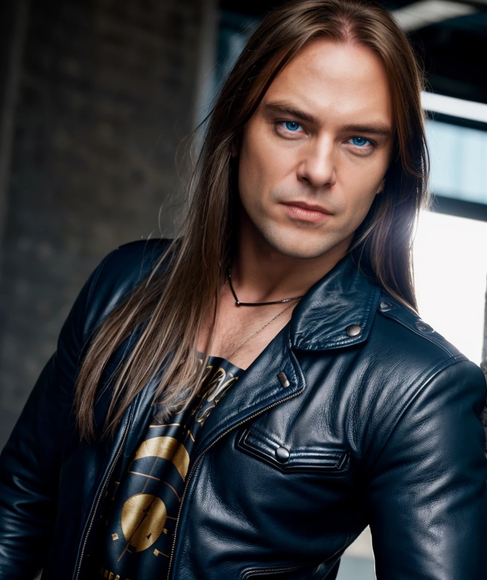 cinematic photo  <lora:quiron_AndiDeris_v040320_Lora:0.77> andiDerisQuiron, solo, male focus, realistic, long hair, looking at viewer, blue eyes, shirt, leather jacket, 1boy,   (cinematic shot),      . 35mm photograph, film, bokeh, professional, 4k, highly detailed