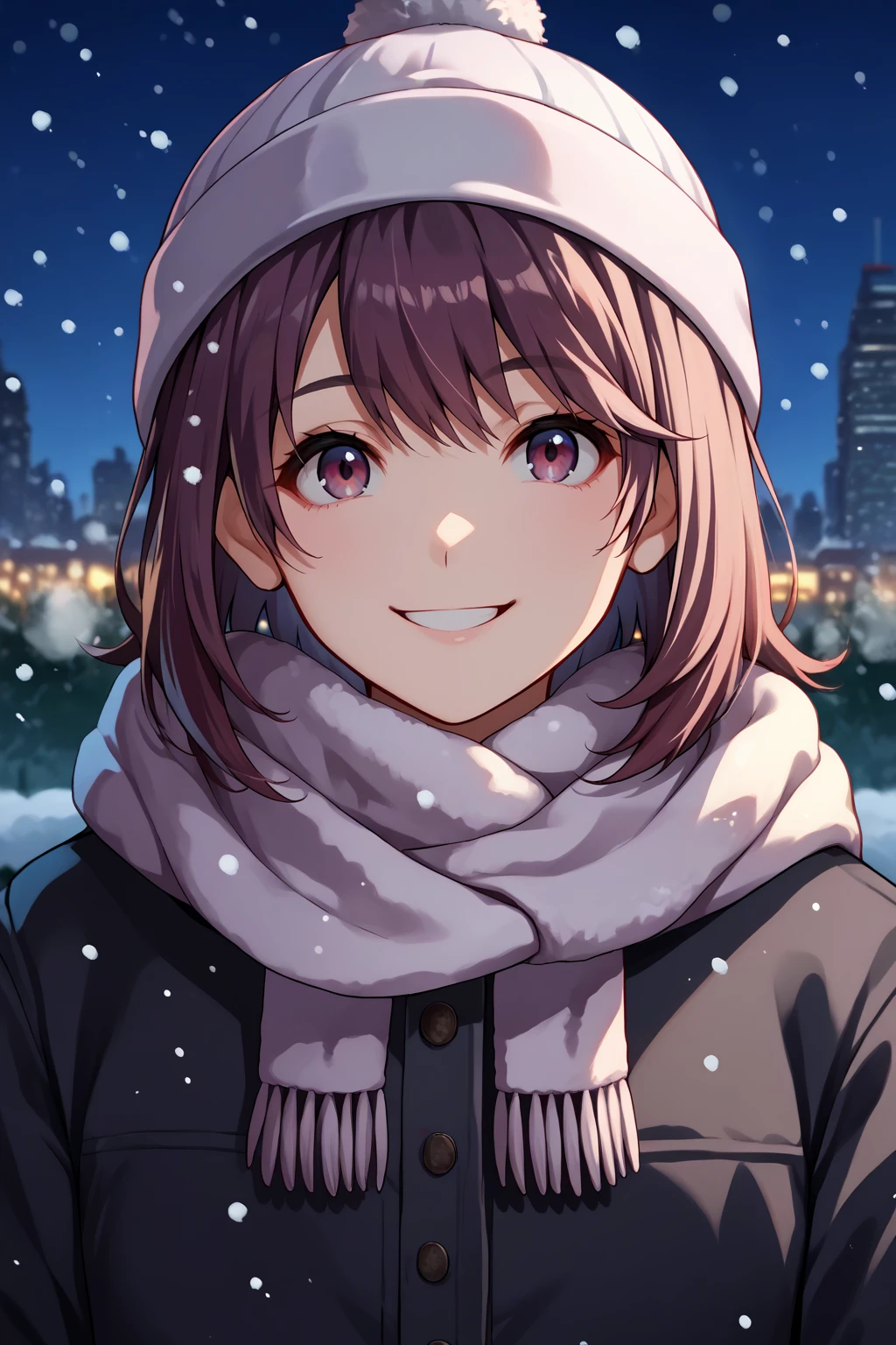 score_9, score_7_up, source_anime, cowboy shot, upper body, looking at viewer, smile, hrn, medium hair, beanie, scarf, winter clothes, outdoors, night, snowing, skyline, blurry background, <lora:Hoseki_Oregairu_HarunoYukinoshita_PDXL_v1:1>