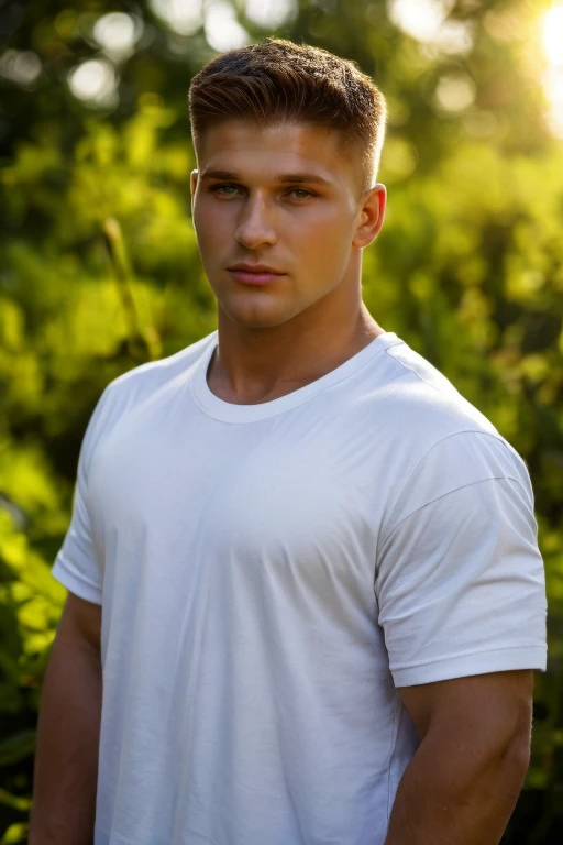 portrait, photograph of guy,  face focus, upper body High resolution handsome guy, highly detailed, white t-shirt, (look at viewer) bokeh background, sunlight morning, sunburnt, detailed eyes,  <lora:add_detail:0.7>  <lora:chrisbednarik:0.9> chrisbednarik, (masterpiece,best quality:1.5)