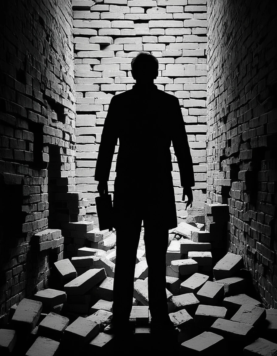 made out of bricks, silhouette style, Abstract Expressionism, Invigorating "Film Critic", high contrast, minimalistic, black and white, stark, dramatic, monochromatic, ral-brks <lora:ral-brks-sdxl:0.8>, surreal, unique, vivid colors, highly contrasted, ambient illumination, dynamic, beautiful composition