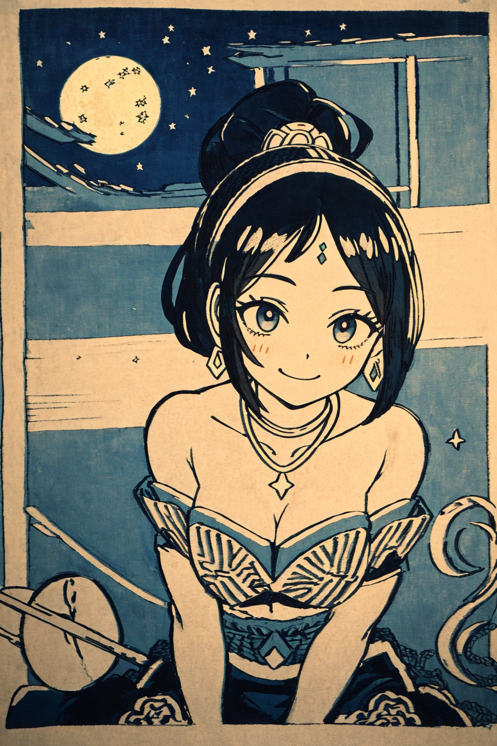 (((woodcut))), masterpiece, ultra-detailed, best quality, illustration, 8k cg wallpaper, an extremely delicate and beautiful, 1girl, Princess Jasmine /(Aladdin/), solo, perfect anatomy, cute face, smiling, blushing, shining eyes, deep brown eyes, beautiful detailed eyes, black hair, long hair, ponytail, cute hairband, cute earrings, cute necklace, dark skin, perfect arms, perfect legs, cute, pretty, beautiful, sexy, perfect body, (background: Arabian city, Arabian buildings, night sky, moon, stars, intricately detailed items in background), <lora:Fuji:1>