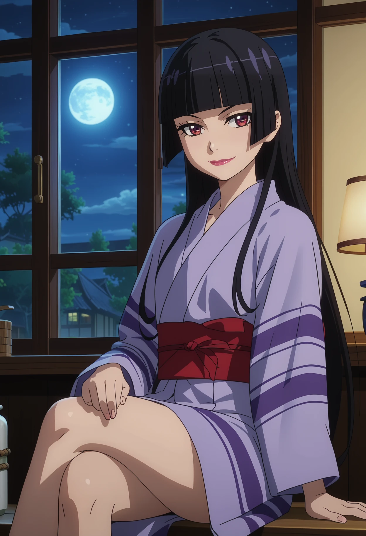 score_7_up, anime screencap,
<lora:GATE_RoryMercuryXL:0.9>, RoryMercury,
1girl, solo, closed mouth, light smile,
long hair, black hair, red eyes, hime cut, blunt bangs, lipstick,
yukata, purple kimono,
sitting, crossed legs, looking at viewer, 
indoors, window, night, moon