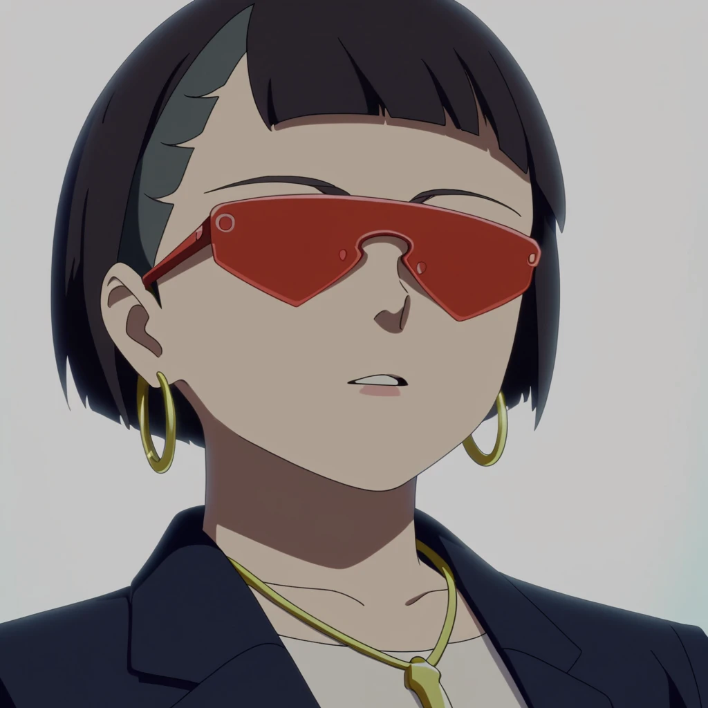 score_9, score_8_up, score_7_up,  BREAK source_anime,
 ,<lora:cyberpunk_edgerunners_style_pony_r1:0.8>,
Stylized digital portrait of a person with fair skin and short, dark hair. The subject is wearing red-tinted sunglasses, a white shirt, and a black blazer. They have a confident expression with slightly parted lips and a relaxed posture. The background is a solid, vibrant red, which contrasts with the subject's attire. The person is accessorized with gold jewelry, including a necklace with a pendant and small hoop earrings. The overall composition is bold and striking, with a focus on the subject's face and upper body. easynegative, sinozick style, flat color, dark theme, g4n1m3