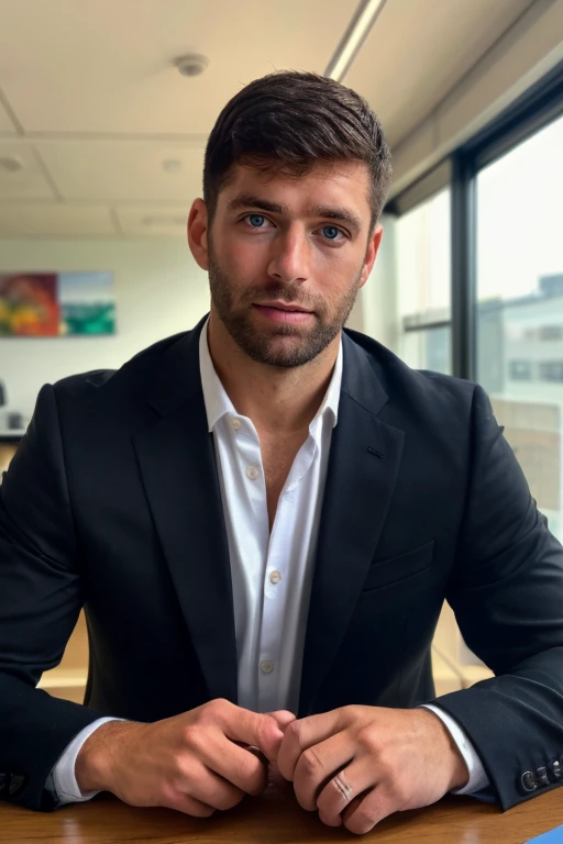 photograph of guy  face focus, upper body High resolution handsome guy, highly detailed, wearing black business suit at the office, (look at viewer) bokeh background, natural light, indoors light, background detailed eyes,  <lora:add_detail:0.6>  <lora:bartwito:0.8> bartwito (blued-eyes), (masterpiece,best quality:1.5)