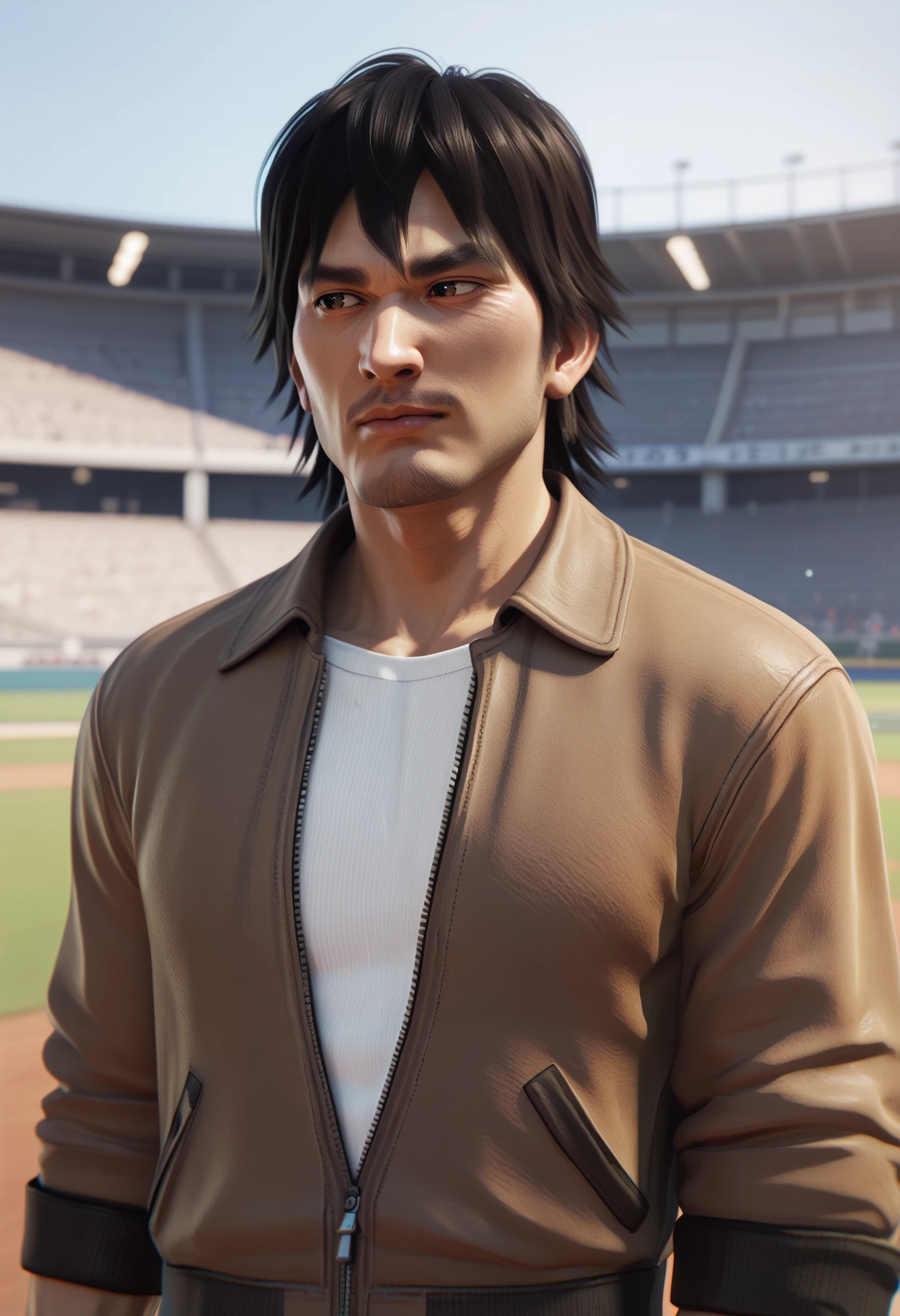 score_9, score_8_up, score_7_up, <lora:tatsuoshinada-guy-PONY-LyCORIS-v1:1>, tatsuoshinada, 1boy, solo, facial hair, stubble, brown jacket, white shirt, denim, depth of field, 3d, portrait, looking to the side, baseball field