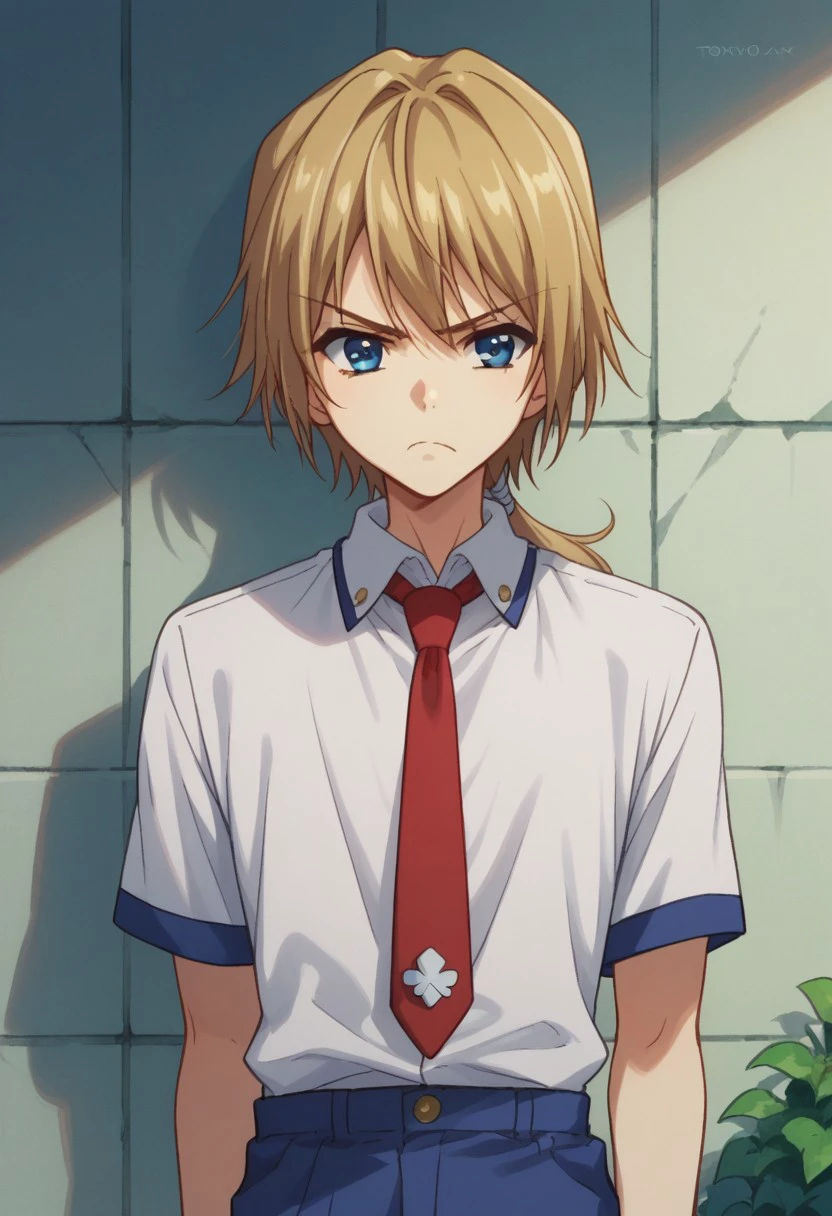 score_9, score_8_up, score_7_up, source_anime, highly detailed, 
 jironezu, 1boy, male focus, blue eyes, solo, blonde hair, necktie, school uniform,
upper body, red necktie, blue pants, ponytail, shirt, white shirt, short sleeves, frown
outdoor,