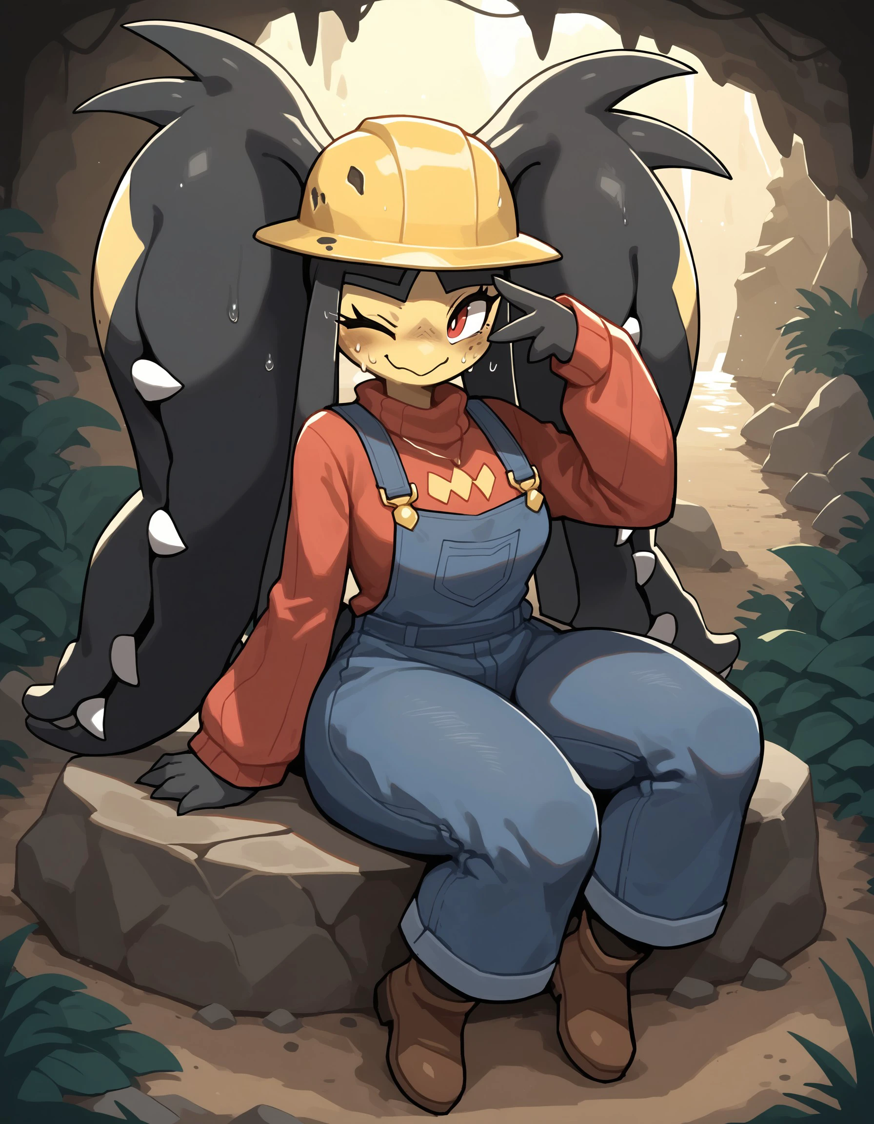 score_9, score_8_up, score_7_up, Megawile, (solo), 1girl, anthro, black hair, multicolored skin, long sidelocks, extra mouths, pokemon \(creature\), overalls, cave, miner, sweating, smile, one eye closed, hard hat, sweater, wide hips, Expressiveh, sitting on a rock, dirty face, coal, diamond ore, holding pickaxe, boots, mature, <lora:cefaa866-a58e-40ba-a219-79ab392f7d60:0.9>, <lora:13bfa59f-4cee-4936-9ff4-e555a5c9ab09:0.9>, <lora:878da4e5-eddb-40d3-91fc-29f14b923356:0.8>