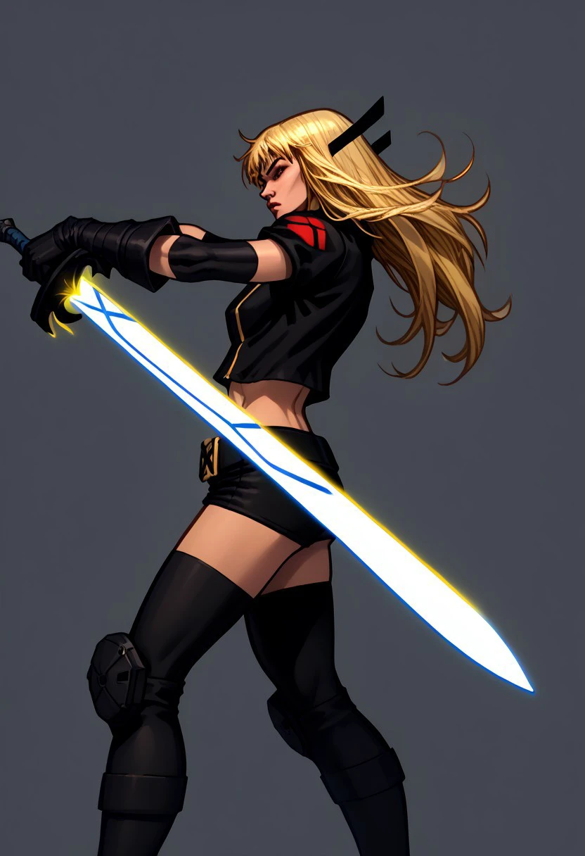 End_IllyanaRasputin_Magik, long hair, elbow gloves, sword, ass, midriff, shorts, fighting stance, gloves, energy sword, solo, navel, thighhighs, huge weapon, short shorts, blonde hair, weapon, black thighhighs, belt, 1girl, score_9, score_8_up, score_7_up, score_6_up, score_5_up, score_4_up,