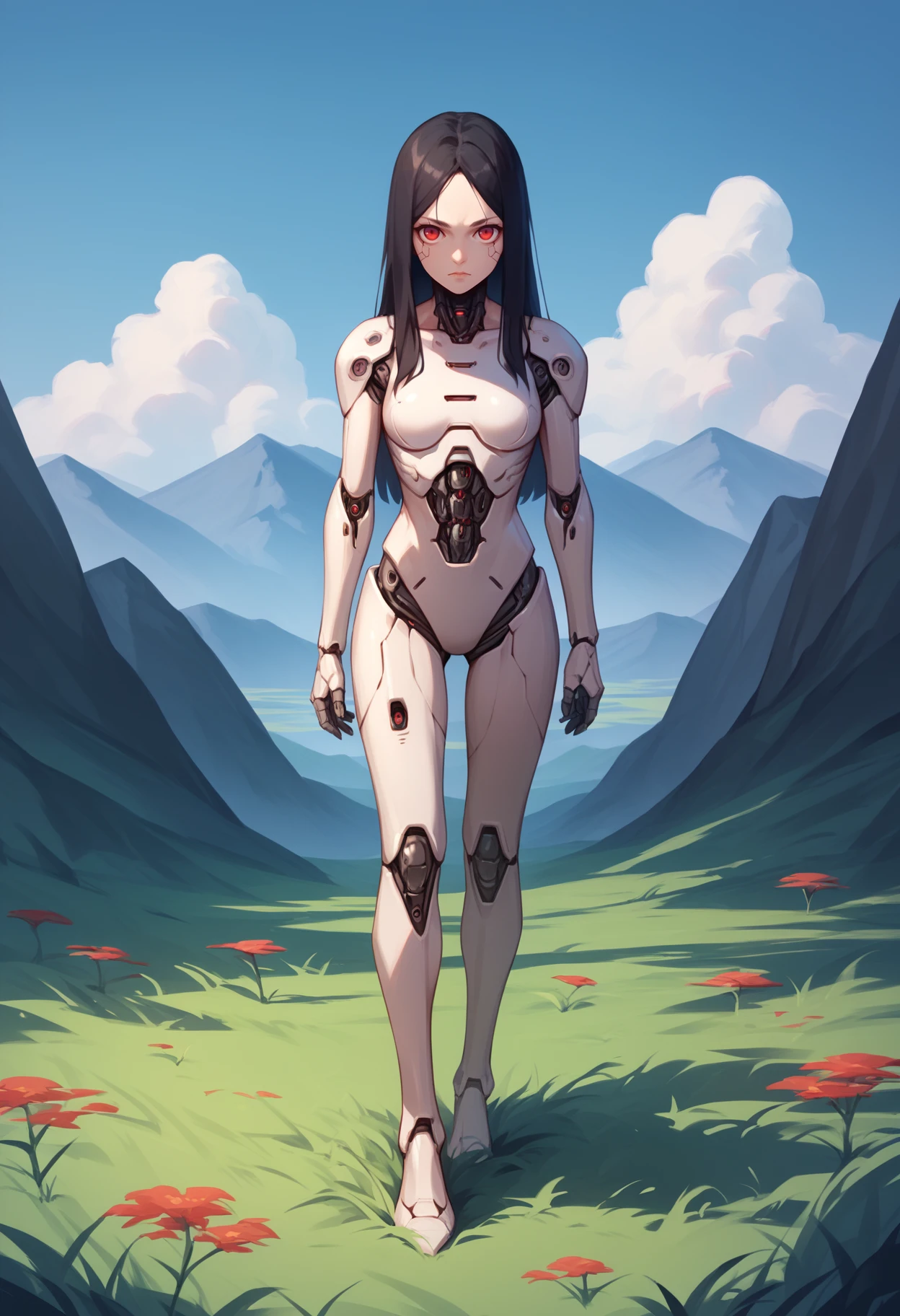 score_9, score_8_up, score_7_up, score_6_up, score_5_up, score_4_up, BREAK,
1girl, black hair, long hair, cyborg, robotskin, red eyes, 
full body, looking at viewer, grass, blue sky, mountains background   <lora:RobotSkinXL:1>