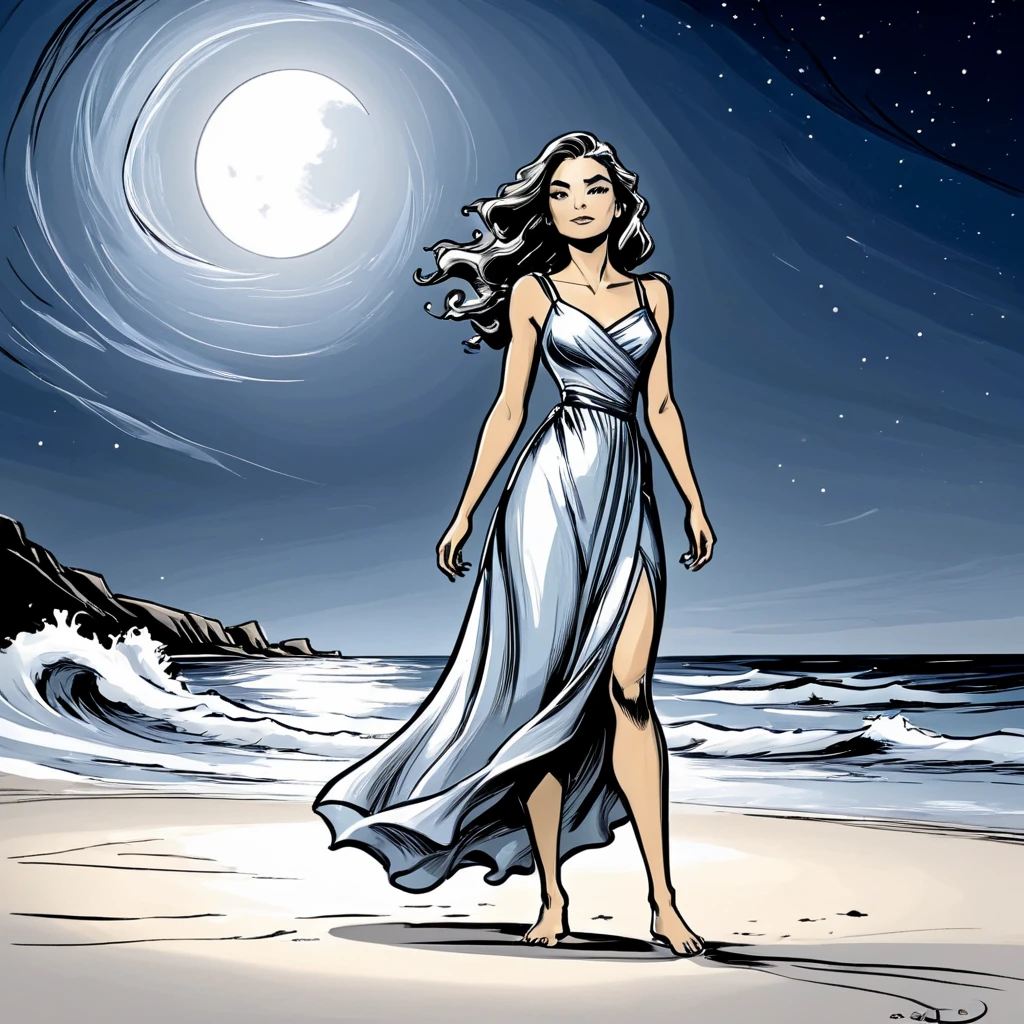 <lora:Azure_Sketch_Illustration:1>  ArsMJStyle, AzureSketch, Moonlit Beach, A woman stands alone on a moonlit beach, waves lapping at her feet. She wears a simple dress, her hair flowing in the breeze.1girl, solo, beach, moonlight, waves, dress, long hair, calm, peaceful, silver glow, night, ocean, serene