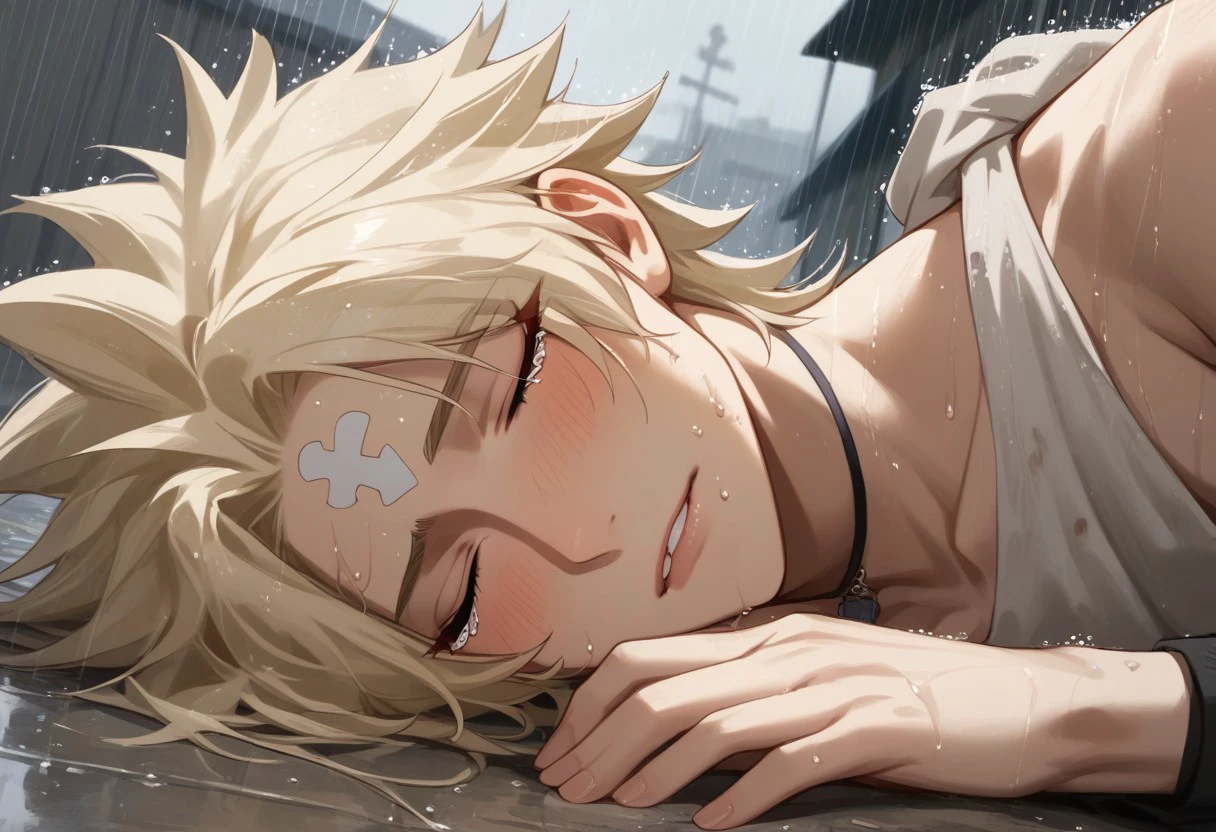 score_9, score_8_up, score_7_up, source_anime, rating_safe, raining, shaded face, LarcadeFT, white Larcade forehead mark, closed eyes, 1boy, male focus, crying, biting lips, blush, sad, laying, on side, homeless, hands with five fingers, cropped legs, blurry outdoor alleyway, dirty garbage floor, gloomy, Expressiveh