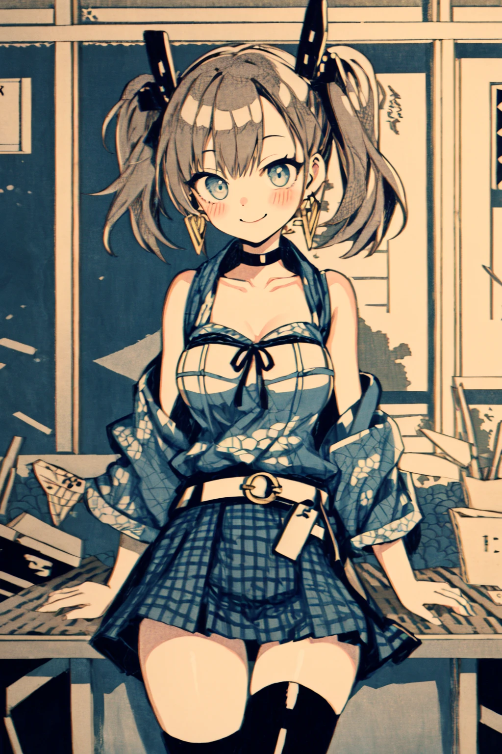 (((woodcut))), masterpiece, ultra-detailed, best quality, illustration, 8k cg wallpaper, an extremely delicate and beautiful, 1girl, solo, perfect anatomy, cute face, smiling, blushing, shining eyes, deep blue eyes, beautiful detailed eyes, dark brown hair, shoulder-length hair, twintails, cute hair accessories, cute earrings, cute choker, slim body, medium breasts, business outfit, perfect arms, cute arm accessories, black belt with gold buckle, light blue plaid skirt, cute thigh-high stockings, perfect legs, cute, pretty, beautiful, sexy, perfect body, (background: office, desk, chair, bulletin board, windows, intricately detailed items in background), <lora:Fuji:1>