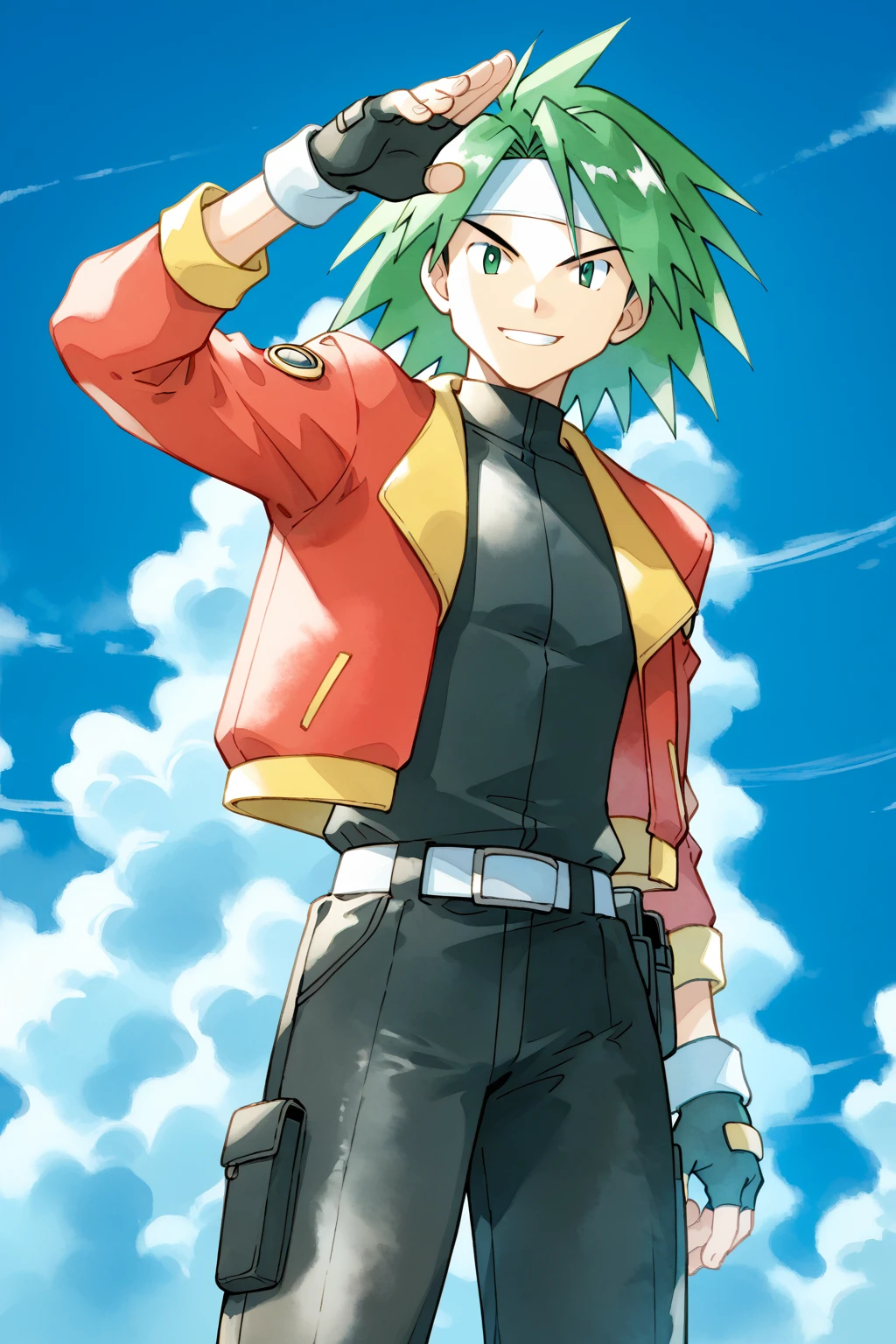 (score_9, score_8_up:1.1), score_7_up, high res image, spenserranger, ken sugimori, watercolor (medium), man, solo, adult, tall, toned body, green hair, laid back hair, medium hair, white headband, green eyes, red jacket, short jacket, open jacket, black pants, white belt, fingerless gloves, smile, cool pose, sky background, clouds, looking at viewer