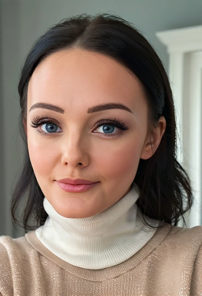 	1girl, wearing turtleneck, smile, eyeshadow, eyeliner, makeup, black hair, blue eyes, upper body, 8k, extremely detailed