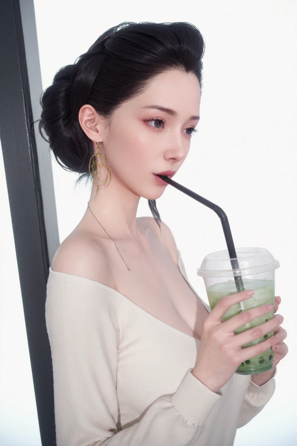 (2 pure Japanese girl,), (Small breasts:1.5,),(Mole on left side of neck:1.5),(solo,,Textured skin, Detailed skin,Detailed face,Detailed eyes,detailed posing,Natural eyebrows,Sparkling Eyes,High detail, Highest quality, Super detailed, Surrealism, ,8k,RAW Photos,Photographicism,Professional Lighting,Ray Tracing,Portrait Photography,Natural Light),(((Black Hair, Natural Makeup,Simple earrings, Low bun hairstyle,))),(((Summer resorts on the plateau,Holding a gorgeous matcha shaved ice,White straw hat,Beige V-neck sweater)))
