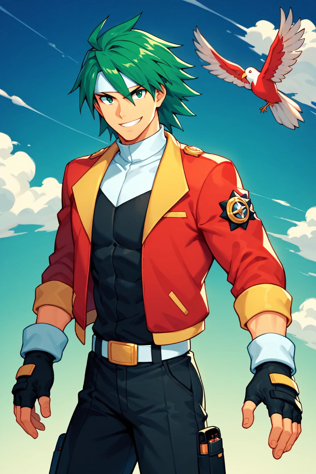 (score_9, score_8_up:1.1), score_7_up, high res image, spenserranger, man, solo, adult, tall, toned body, green hair, laid back hair, medium hair, white headband, green eyes, red jacket, short jacket, black pants, white belt, fingerless gloves, smile, cool pose, sky background, clouds, looking at viewer