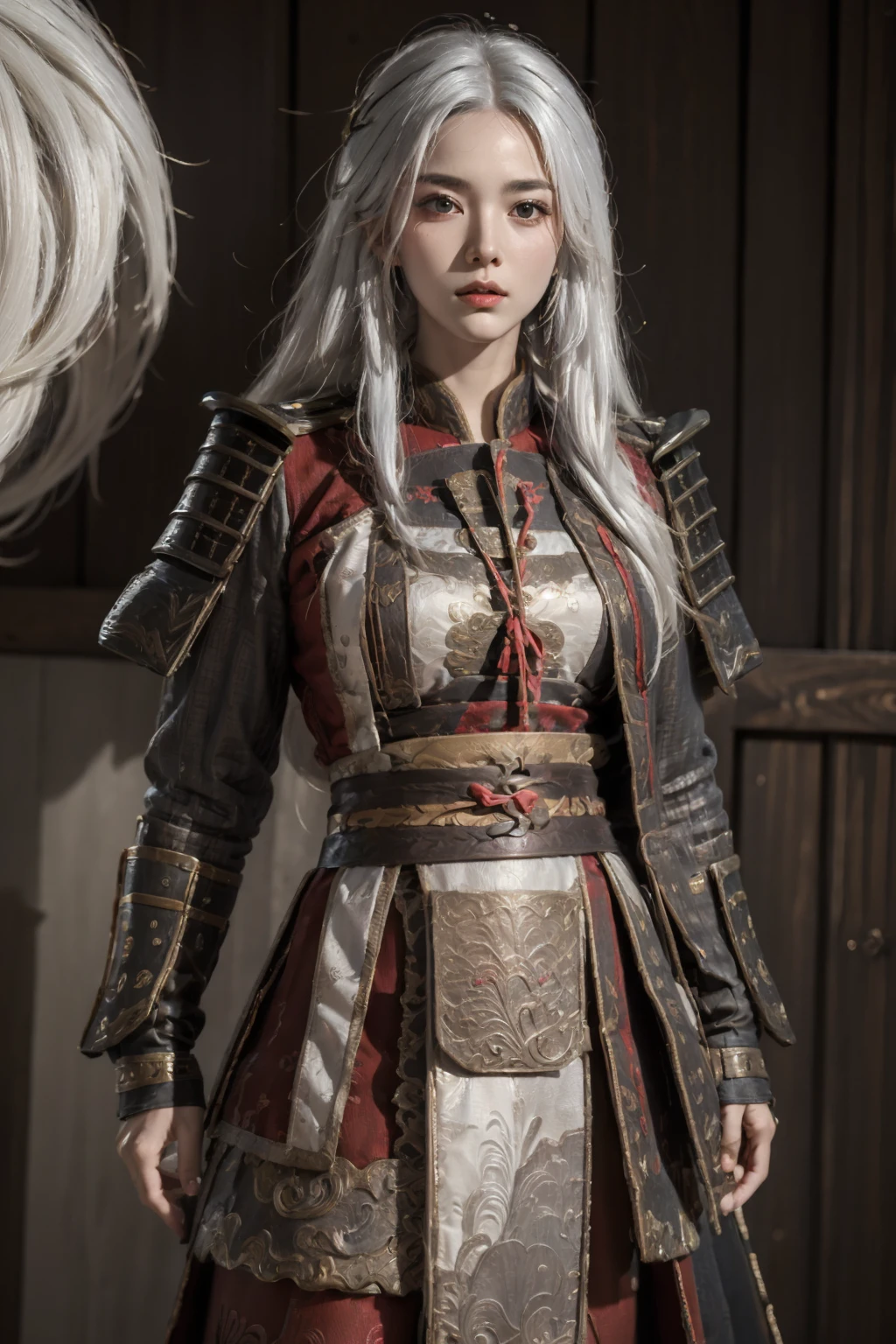 masterpiece,(bestquality),ultra-detailed,1girl,solo,lion samurai outfit,<lora:ntmix1:0.7>,<lora:Lion samurai outfit:0.6>,(white hair:1.05),