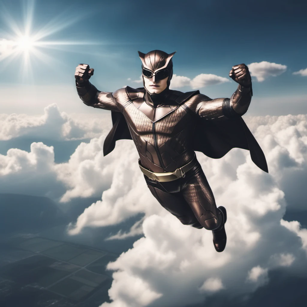 cinematic photo full body realistic 1boy superhero, mask, cape, flying in the sky, clouds  <lora:NightOwl1024-2:0.8> . 35mm photograph, film, bokeh, professional, 4k, highly detailed