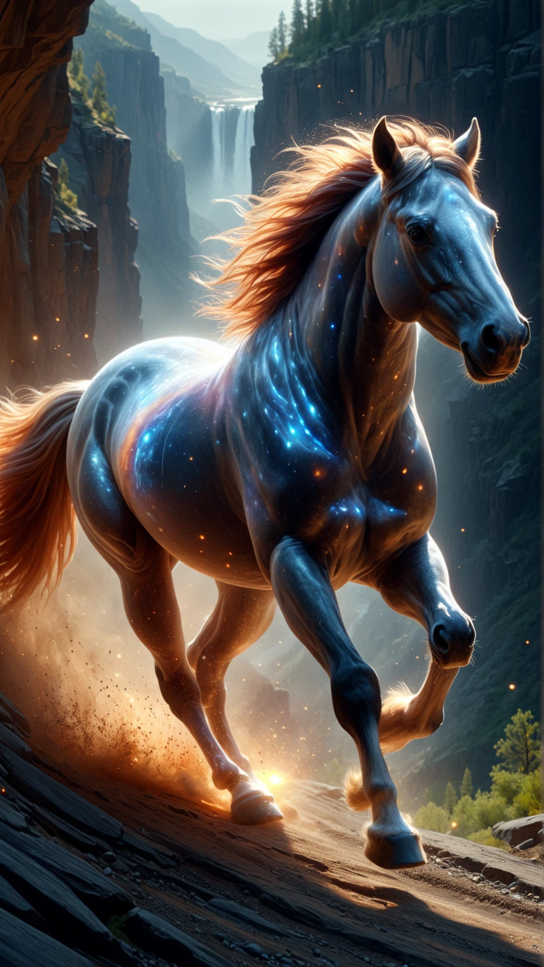 <lora:CosmicStyleSDXL:1.6>CosmicStyle (A wild stallion, muscles rippling, galloping through a narrow canyon, mid-air frozen fireflies illuminating its path, golden hour light filtering through the canyon, creating dramatic contrast, high detail, photorealistic, 4K resolution:0.5), see-through, transparent