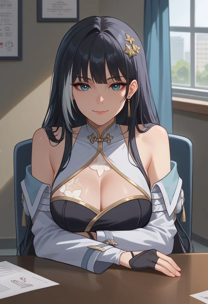 score_9, score_8_up, score_7_up, source_anime, 1girl, baizhidef, blue eyes, black hair, long hair, streaked hair, hair ornament, earrings, jewelry,  shoulders, detached sleeves, long sleeves, black dress, cleavage cutout, white jacket, off shoulder, chinese clothes, black gloves, fingerless gloves, thigh strap, sitting, on chair, table, (head rest, elbow rest), smile, closed mouth, looking at viewer, indoors, hospital, portrait, close-up, upper body, facing viewer, <lora:Baizhi_v1-000010:1>