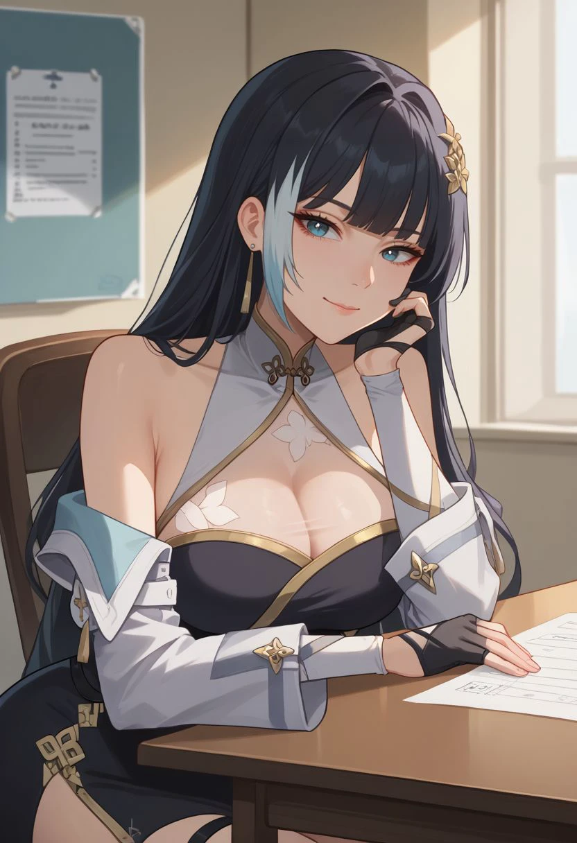 score_9, score_8_up, score_7_up, source_anime, 1girl, baizhidef, blue eyes, black hair, long hair, streaked hair, hair ornament, earrings, jewelry, bare shoulders, detached sleeves, long sleeves, black dress, cleavage cutout, white jacket, off shoulder, chinese clothes, black gloves, fingerless gloves, thigh strap, sitting, on chair, table, head rest, elbow rest, smile, closed mouth, looking at viewer, indoors, hospital, portrait, close-up, upper body, facing viewer, <lora:Baizhi_v1-000010:1>