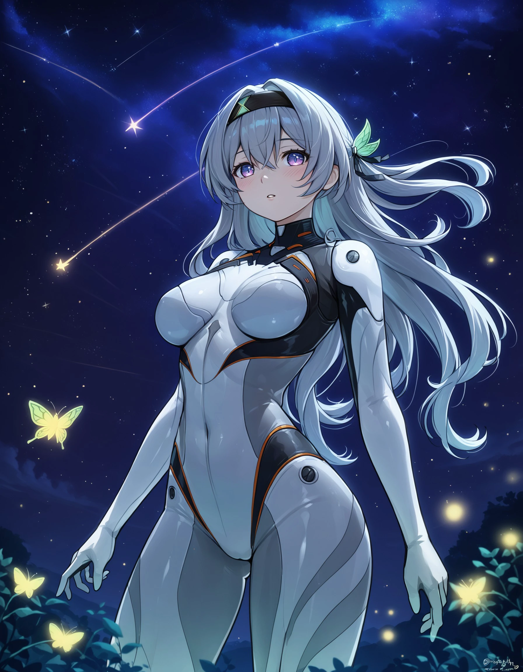 score_9, score_8_up, score_7_up, 1girl, Firefly, solo, plugsuit, long_hair, breasts, white_bodysuit, bodysuit, night, looking_at_viewer, sky, star_(sky), night_sky, hairband, starry_sky, purple_eyes, bangs, grey_hair, outdoors, blush, medium_breasts, standing, hand_on_own_chest, parted_lips, bug, hair_between_eyes, hand_up, butterfly, shooting_star, black_hairband, cowboy_shot, <lora:139d2e90-f5f4-4808-8a40-4df73670753e:0.7>