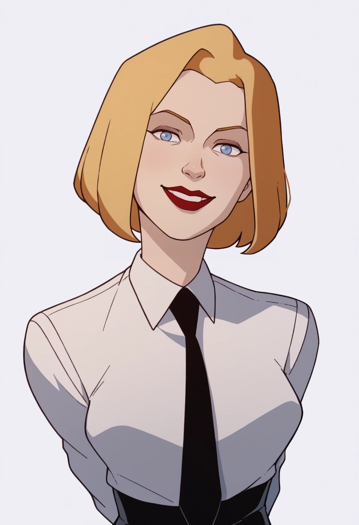 score_9, score_8_up, score_7_up, score_6_up, score_5_up, score_4_up, BREAK,
1girl, agentl, blonde hair, short hair, blue eyes, red lips, makeup,
white shirt, black necktie,
arms behind back, upper body, smile, looking at viewer, solo, simple background, white background  <lora:AgentLXL:1>