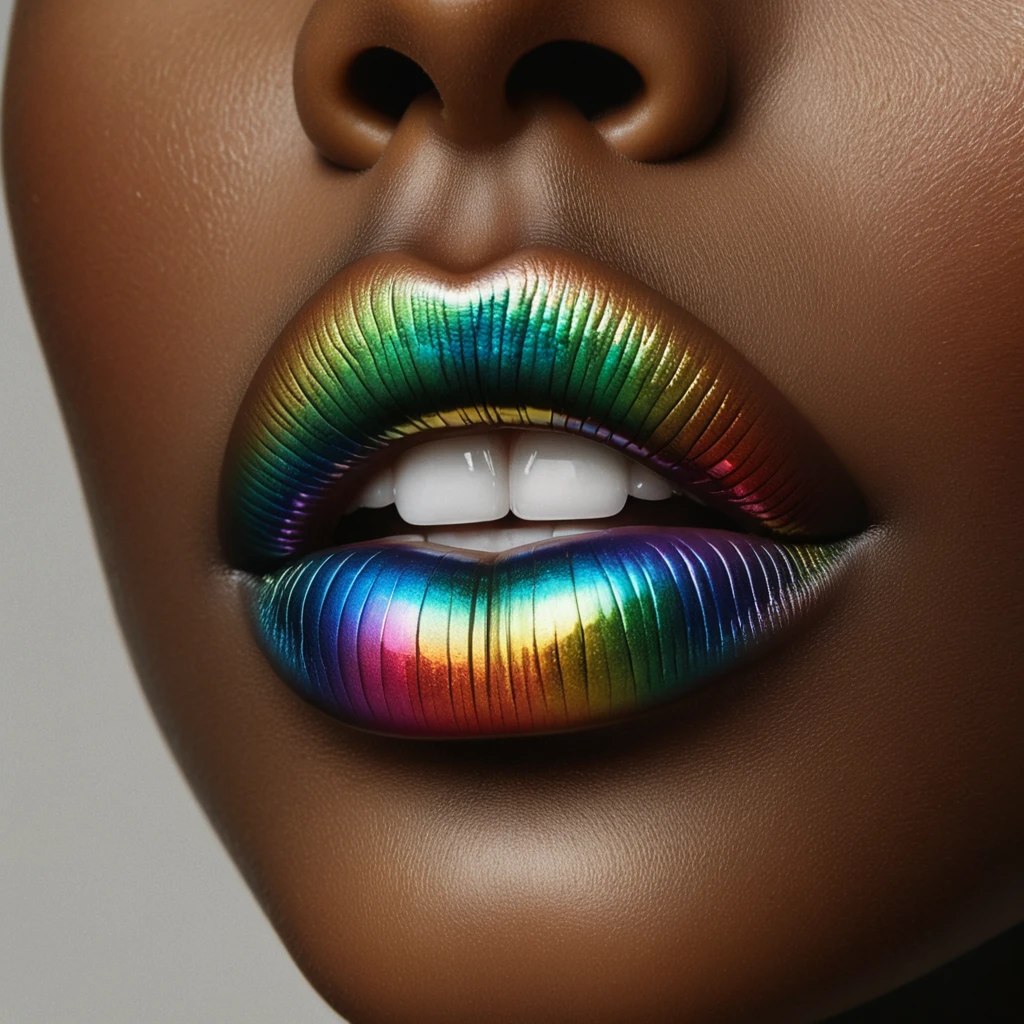 cinematic film still, close up, a mouth of a black woman with ((iridescent rainbow lipstick only on lips)), beautiful white shiny teeth, ((without beard, without moustache, no beard, no moustache)), high fashion editorial, amazing quality, wallpaper, perfect face skin, photo, realistic, photorealism, hyperrealist, full and well-defined lips, glossy finish, luxurious and glamorous appearance, simple and neutral background