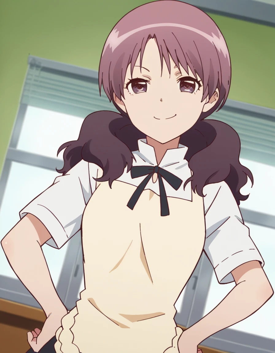 score_9, score_8_up, score_7_up, source_anime, <lora:shiho-kamakura-s1-ponyxl-lora-nochekaiser:1>, shiho kamakura, long hair, twintails, purple hair, purple eyes,, apron, waitress,, indoors, smug, smile, looking at viewer, solo, hands on hips,, cowboy shot, dutch angle