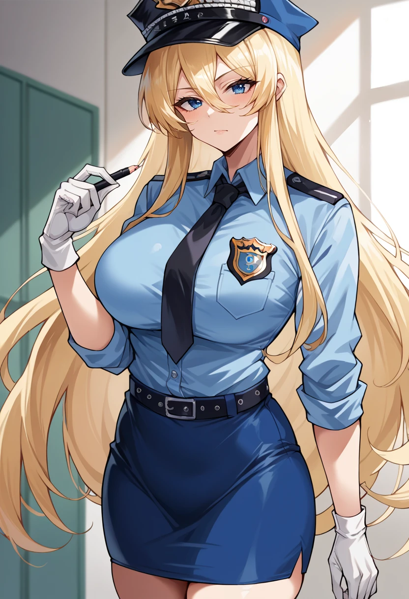 score_9,  score_7_up, 1girl, source_anime, mlbszw,  blonde hair, blue eyes, hair between eyes,  large breasts,   cowboy shot, very long hair  <lora:ml-bsmarck-zwi-pdxl:0.8>,  police uniform, blue shirt, black necktie, badge, sleeves rolled up, white gloves, blue skirt, pencil skirt, peaked cap, confident,