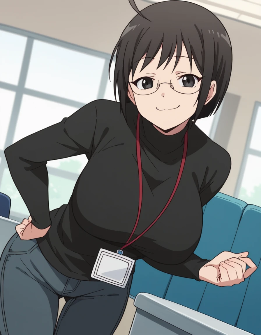 score_9, score_8_up, score_7_up, source_anime, <lora:lucy-yamagami-s1-ponyxl-lora-nochekaiser:1>, lucy yamagami, short hair, black hair, black eyes, ahoge, glasses, large breasts,, pants, sweater, turtleneck, id card, lanyard,, indoors, bent over, smile, smug, looking at viewer, solo,, cowboy shot, dutch angle