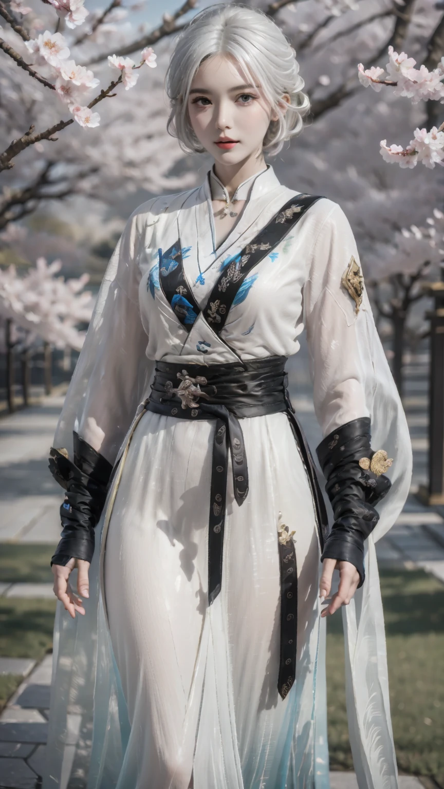 masterpiece,(bestquality),ultra-detailed,1girl,solo,Lithe Feathers outfit,cherry blossoms,<lora:ntmix1:0.7>,<lora:Lithe Feathers outfit:0.7>,(white hair:1.05),