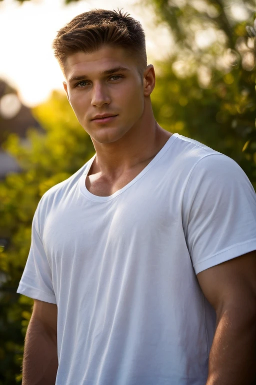 photograph of guy  face focus, upper body High resolution handsome guy, highly detailed, white t-shirt, (look at viewer) bokeh background, sunlight morning, sunburnt, detailed eyes,  <lora:add_detail:0.6>    <lora:chrisbednarik:0.7> chrisbednarik, (masterpiece,best quality:1.5)