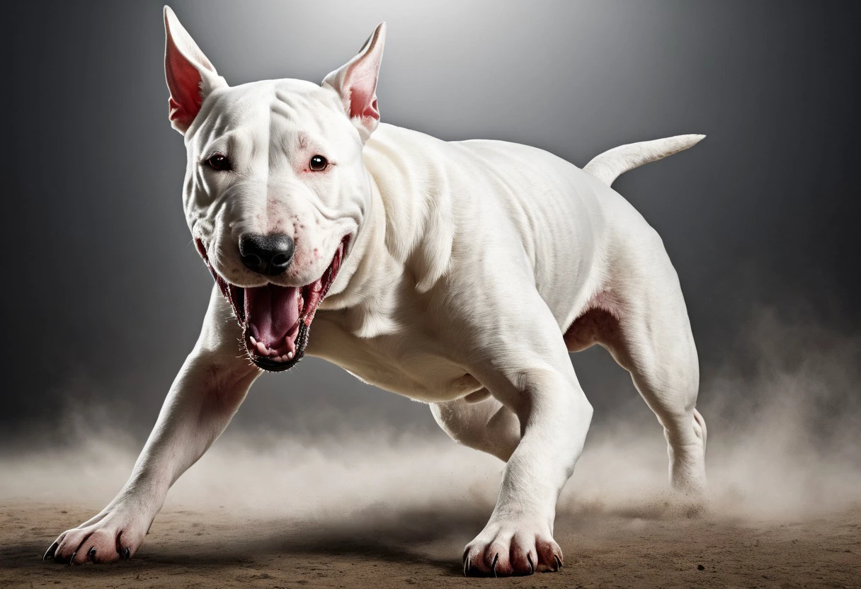 super realistic image ultra quality and super high resolution and sharp focus, photorealistic style of bull terrier dog dynamic pose, aggressive and vicious expression, attacking stance, growl