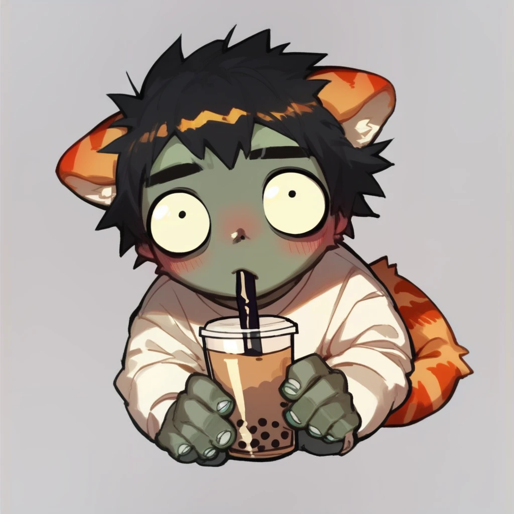 score_9, score_8_up, score_7_up, score_6_up, mikus-zombie green eyes, black dot eyes, milkytiger, tiger ears, tiger tail, blush, holding, bubble tea,