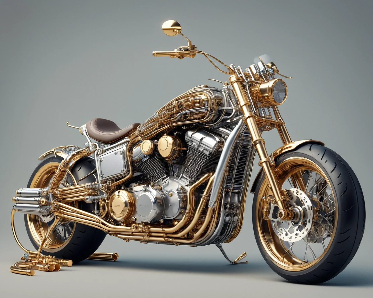 a raw photograph of a motorcycle in (qu4ntum style),covered in (brass pipes) and (silver wires) and gold circuits,hyperrealistic,masterpiece,magazine advertisement,8K wallpaper<lora:Qu4ntumPunk_04XL-000007:0.8>