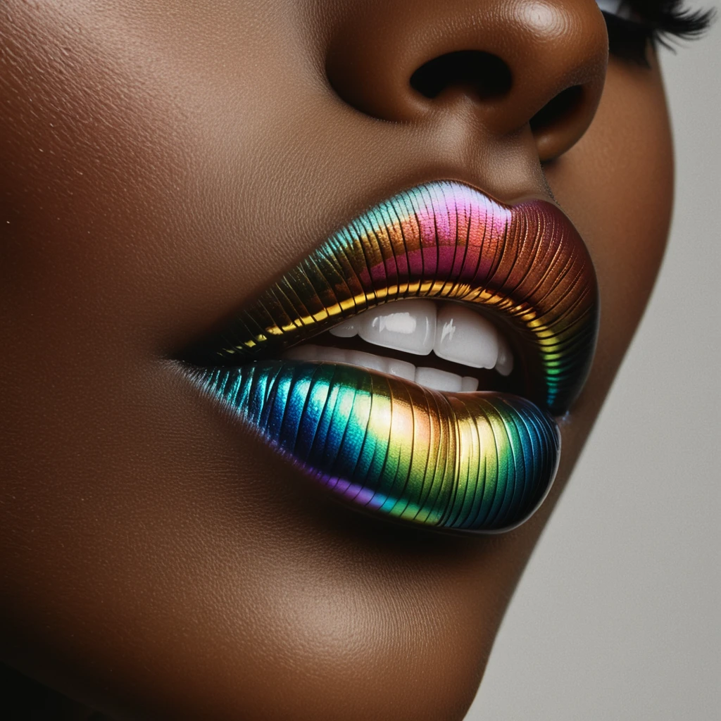 cinematic film still, close up, a mouth of a black woman with ((iridescent rainbow lipstick only on lips)), beautiful white shiny teeth, ((without beard, without moustache, no beard, no moustache)), high fashion editorial, amazing quality, wallpaper, perfect face skin, photo, realistic, photorealism, hyperrealist, full and well-defined lips, glossy finish, luxurious and glamorous appearance, simple and neutral background