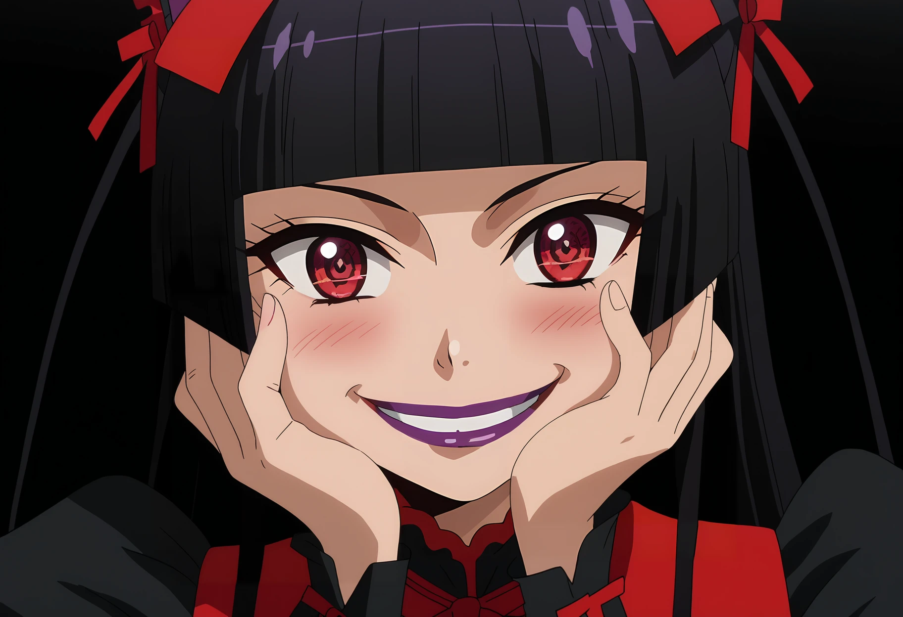 score_7_up, anime screencap, close-up,
<lora:GATE_RoryMercuryXL:0.9>, RoryMercury,
1girl, (head tilt:1.2), (yandere:1.1), yandere trance, crazy smile, crazy eyes, blush, open mouth,
long hair, black hair, red eyes, hime cut, blunt bangs, purple lipstick, hair bow,
multicolored dress, black dress, red dress, puffy short sleeves, red necktie, arm warmers,
hands on own cheeks, standing, looking at viewer, 
simple background, black background